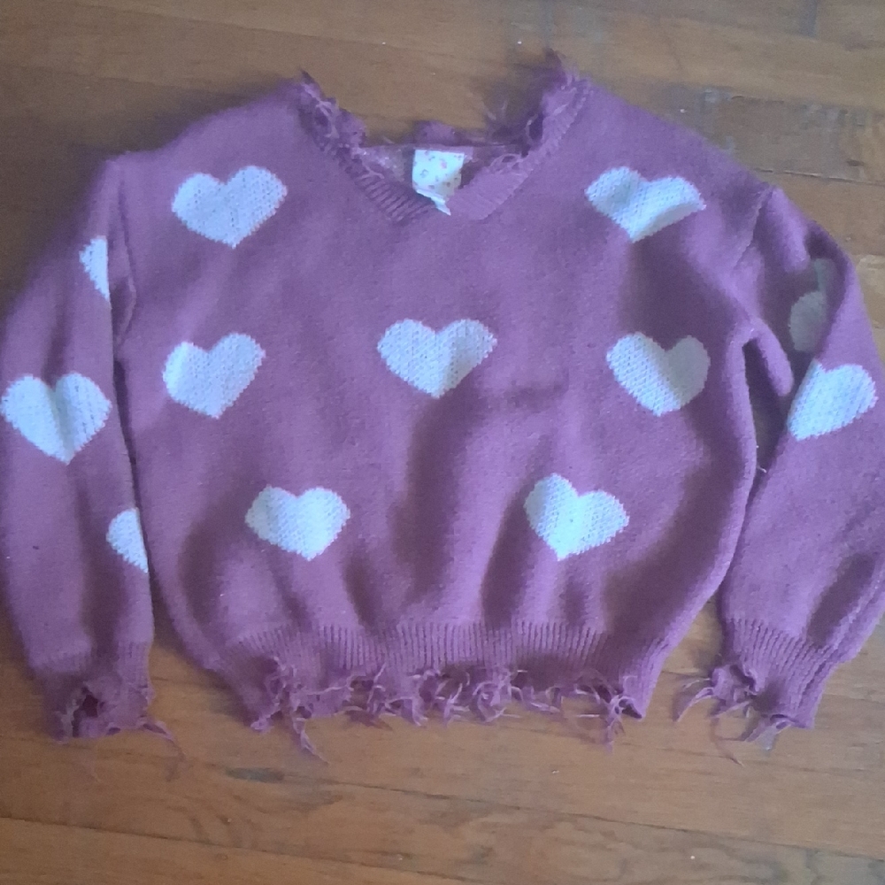 Frayed Heart Pattern Sweater - Pink and White